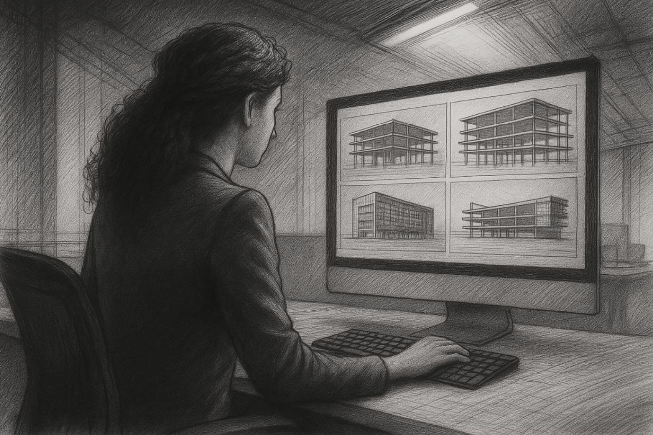 Retrato de la arquitecta Ariatna Cordero revisando planos en su estudio