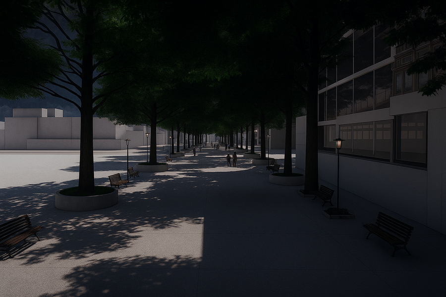 Render peatonal nocturno de proyecto residencial